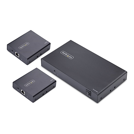 Trois appareils noirs StarTech.com sur fond blanc, deux carrés et un rectangulaire.