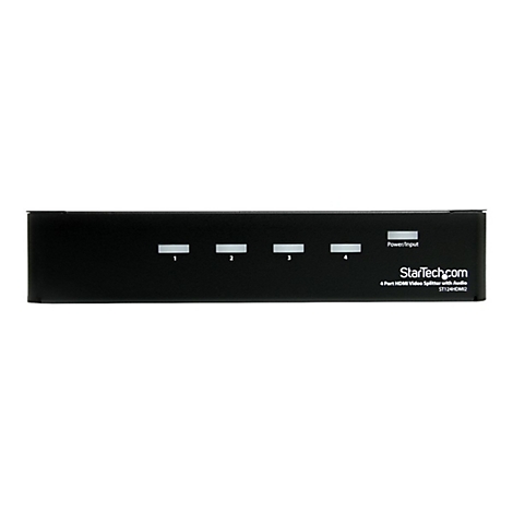 Schwarzer HDMI-Splitter mit weißen Knöpfen und Aufschrift. „StarTech.com 4 Port HDMI Video Splitter mit Audio ST124HDIM2“