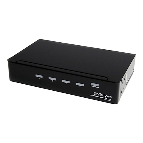 Schwarzer HDMI-Video-Splitter mit der Beschriftung 'StarTech.com 4 Port HDMI Video Splitter with Audio ST124HDMI2' und Tasten 1-4.
