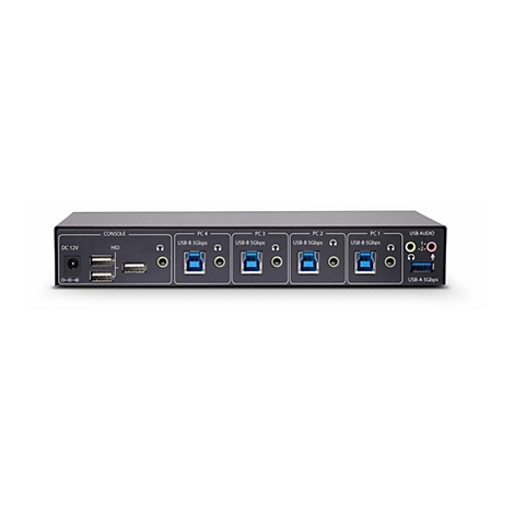 Commutateur KVM noir avec plusieurs ports USB et audio. Ã‰tiquettes PC1-4 et Console.