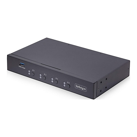Commutateur rectangulaire noir avec port USB, boutons et logo StarTech.com.