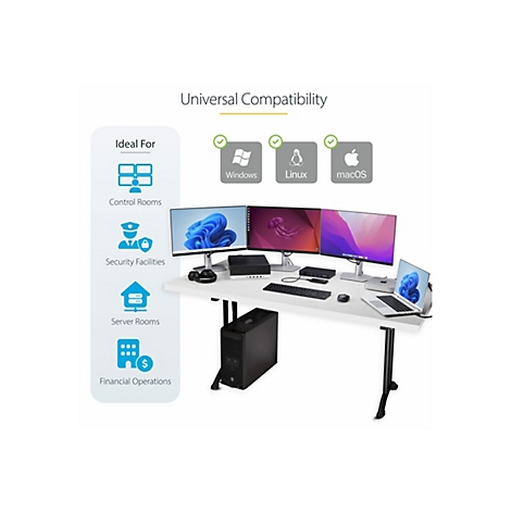 Bureau avec trois moniteurs, un ordinateur portable, un PC et des pÃ©riphÃ©riques. En haut, on peut lire CompatibilitÃ© universelle avec des logos pour Windows, Linux, macOS.