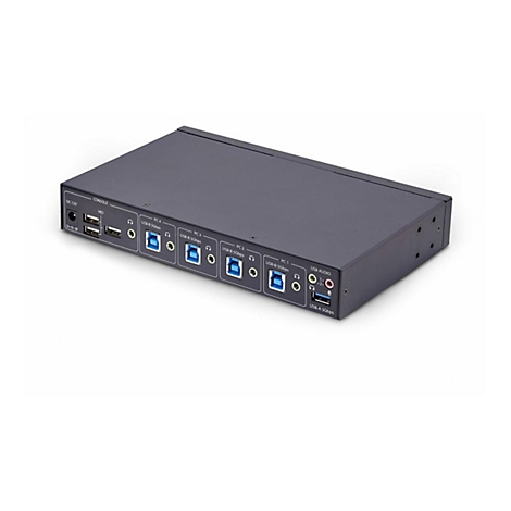 Commutateur USB noir avec plusieurs ports. Ports pour USB, audio, PC et alimentation.