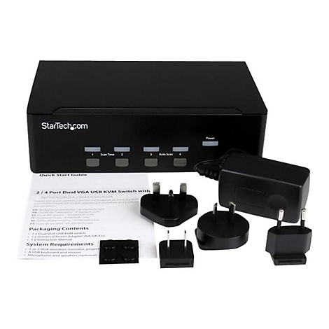 Ein schwarzer KVM-Switch mit mehreren Steckern und einem Netzteil, Text: StarTech.com, Quick Start Guide.