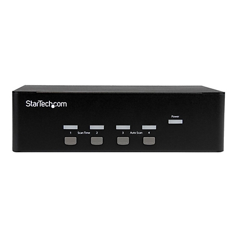 Schwarzer KVM-Switch mit Aufschriften für Funktionen und StarTech.com-Logo. Rechts Power-LED.