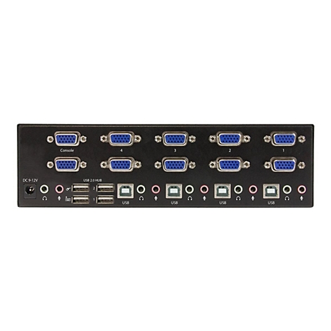 Schwarzer Umschalter mit VGA- und USB-Anschlüssen. Beschriftungen: Console, 4, 3, 2, 1, USB 2.0 HUB, DC 9-12V.