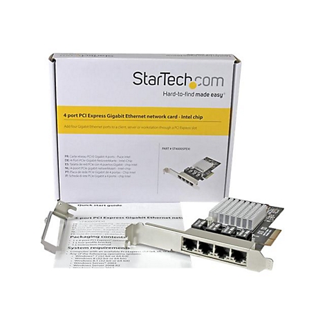 Ein Netzwerkadapter mit StarTech.com-Logo, 4 Ethernet-Ports, mit Verpackung und ZubehÃ¶r.