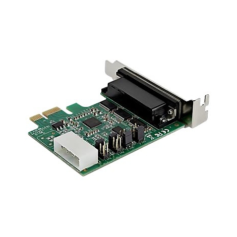 Eine grüne PC-Karte mit elektronischen Komponenten, schwarzem Gehäuse und silberner Halterung. Stecker und Anschlüsse.