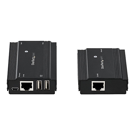 Zwei schwarze StarTech.com Konverter nebeneinander, mit Anschlüssen wie USB und Ethernet. Beschriftungen: Power, Link, HID, Host.