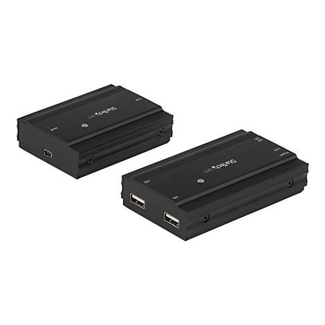 Zwei schwarze StarTech.com-Boxen mit Anschlüssen, Beschriftungen und einem Logo.
