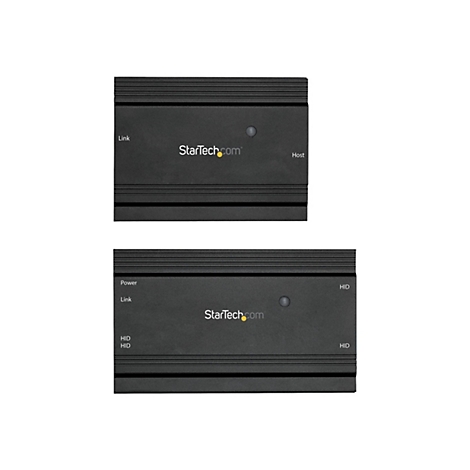 Zwei schwarze Geräte mit StarTech.com Logo, Anschlüssen und LED-Anzeigen. Eins hat "Host" und "Link", das andere "Power", "Link" und "HID".