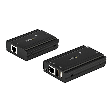 Zwei schwarze StarTech.com-Netzwerkadapter auf weißem Hintergrund. Einer hat einen RJ45-Port, der andere zwei USB-Ports.