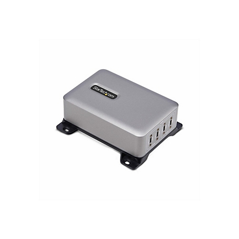 Grauer, rechteckiger USB-C-Hub mit mehreren Anschlüssen. Oben steht StarTech.com. An der Seite sind USB-C-Anschlüsse und Leistungsangaben.