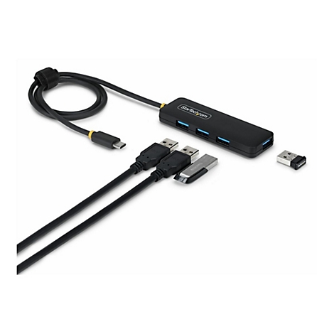 Hub USB noir avec câble et accessoires sur fond blanc.