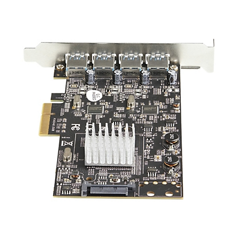 Eine Computer-Erweiterungskarte mit USB-AnschlÃ¼ssen und KÃ¼hlkÃ¶rper, vor weiÃŸem Hintergrund.