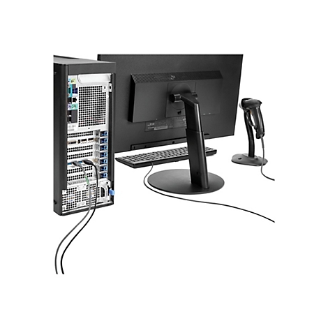 RÃ¼ckseite eines PCs mit Monitor, Tastatur und Barcode-Scanner. Schwarze Kabel sind angeschlossen.