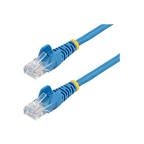 Deux câbles Ethernet bleus. Les connecteurs sont transparents, les câbles eux-mêmes bleus avec des anneaux jaunes.