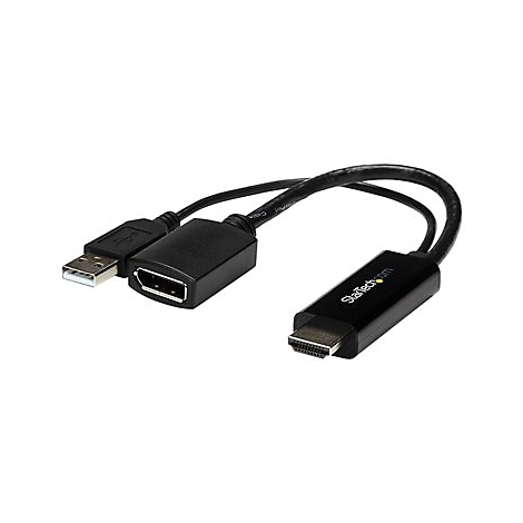 Schwarzer Adapter, USB-A Stecker zu HDMI. KabelfÃ¼hrung in U-Form.