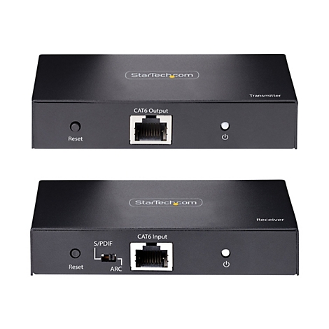 Zwei schwarze, rechteckige Geräte: Transmitter und Receiver. Beide haben einen Reset-Knopf, eine CAT6-Buchse und StarTech.com Logo.