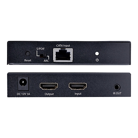 Ein schwarzer AV-Konverter mit verschiedenen Anschlüssen und Beschriftungen: CAT6 Input, S/PDIF, ARC, Reset, DC 12V 1A, Output, Input, IR OUT.