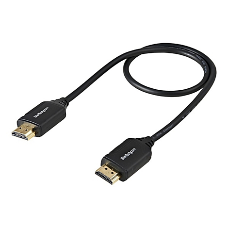 Ein schwarzes HDMI-Kabel mit vergoldeten Anschlüssen, auf weißem Hintergrund.