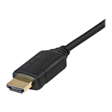 Nahaufnahme eines schwarzen HDMI-Kabels mit goldenem Anschluss. Der Schriftzug "HDMI" ist auf dem Stecker zu sehen.