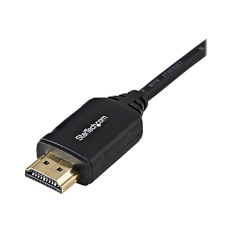Schwarzes HDMI-Kabel mit goldenem Stecker. Auf dem Stecker steht "StarTech.com". Auf dem Kabel steht "E WITH ETHERNET".