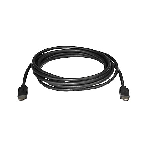 Schwarzes HDMI-Kabel, das zu einer Rolle gewickelt ist, mit Steckern an beiden Enden, isoliert auf weißem Hintergrund.