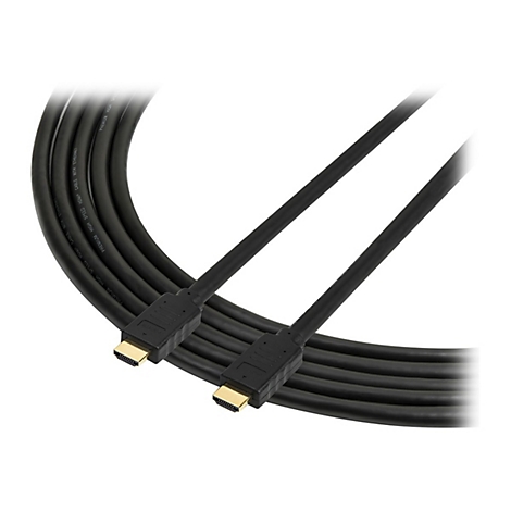 Ein schwarzes HDMI-Kabel mit vergoldeten Anschlüssen. Der Text „Premium High Speed HDMI Cable with Ethernet“ ist auf dem Kabel aufgedruckt.