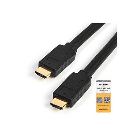 Zwei schwarze HDMI-Kabel mit vergoldeten Anschlüssen, vor weißem Hintergrund. Rechts unten ein Aufkleber mit dem HDMI Premium-Logo.