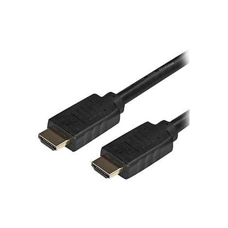 Schwarzes HDMI-Kabel mit vergoldeten Anschlüssen, das auf weißem Hintergrund liegt.