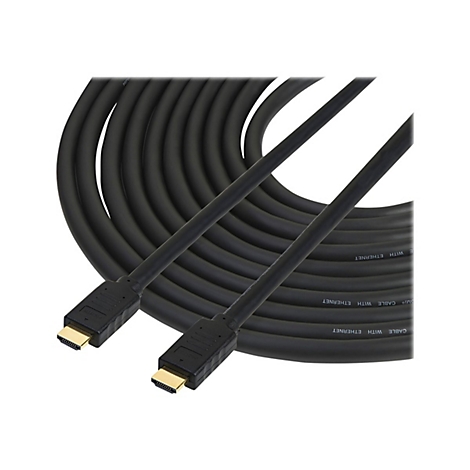 Zwei schwarze HDMI-Kabel mit vergoldeten Anschlüssen. Auf den Kabeln steht "CABLE WITH ETHERNET".