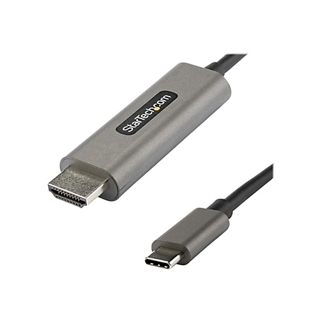Ein HDMI-auf-USB-C-Adapterkabel von StarTech.com. Die grauen Stecker zeigen einen HDMI-Anschluss und einen USB-C-Anschluss.