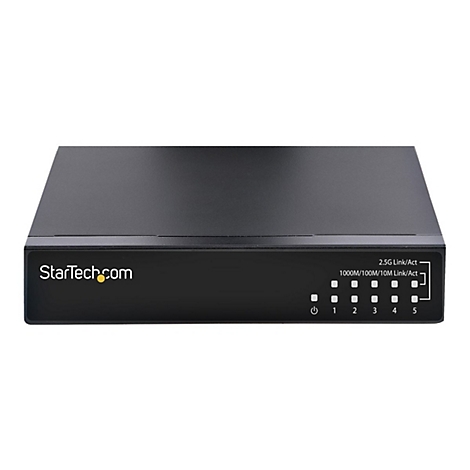 Schwarzer Netzwerk-Switch von StarTech.com. Auf der Vorderseite sind Lichter und Schriftzüge zu sehen.