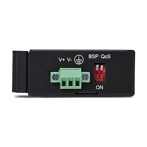 Schwarzes elektronisches Gerät mit grünen Anschlüssen und rotem Schalter. Beschriftung: V+, V-, BSP QoS, ON.