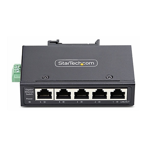 Schwarzer Gigabit Ethernet Switch mit fünf Anschlüssen, StarTech.com Logo.