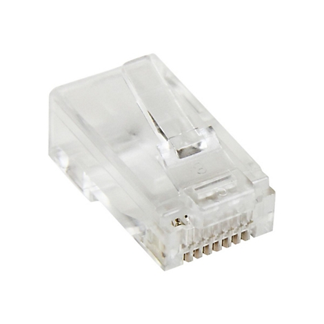 Gros plan d'un connecteur RJ45 transparent pour câbles réseau. Les petites broches métalliques sont clairement visibles.
