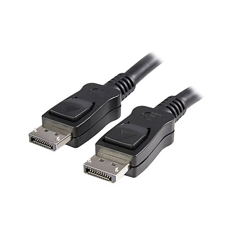 Zwei schwarze DisplayPort-Kabel mit Steckern; Hintergrund weiß.