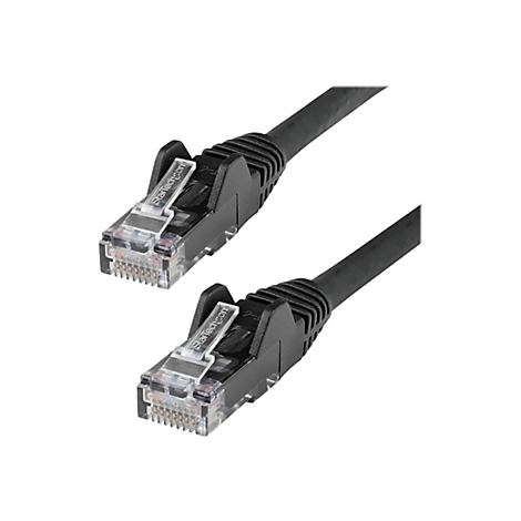 Zwei schwarze Netzwerkkabel-Stecker mit klarer Kunststoffabdeckung, die mit StarTech.com beschriftet sind.