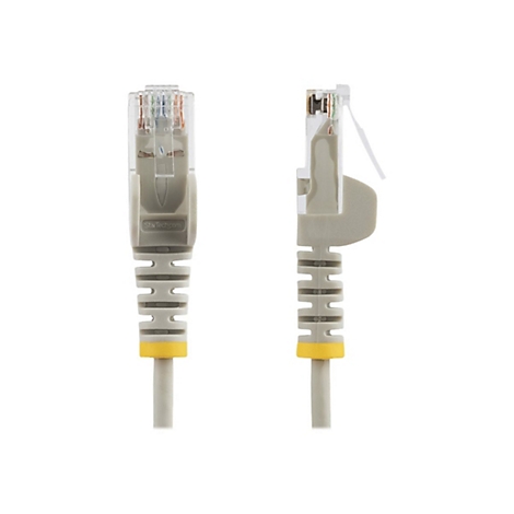 Zwei graue RJ45-Stecker mit gelbem Akzent, nebeneinander. Links Frontansicht, rechts Seitenansicht. StarTech.com Logo.