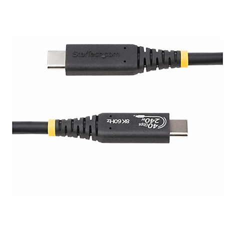 Zwei schwarze USB-C-Kabel; Beschriftung mit Startech.com, 40Gbps, 240W und 8K 60Hz. Gelbe Ringe.