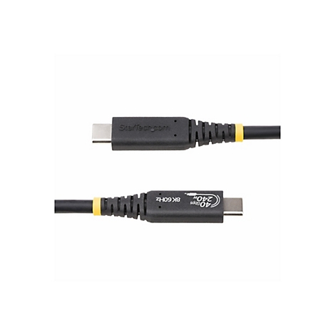 Ein schwarzes USB-C-Kabel mit gelben Akzenten, das auf weißem Hintergrund dargestellt wird. Auf dem Kabel steht StarTech.com und weitere Informationen.