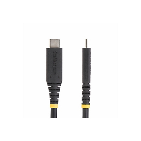 Ein schwarzes USB-C-Kabel mit gelben Akzenten, das auf weißem Hintergrund abgebildet ist. Auf dem Stecker steht Startech.com.
