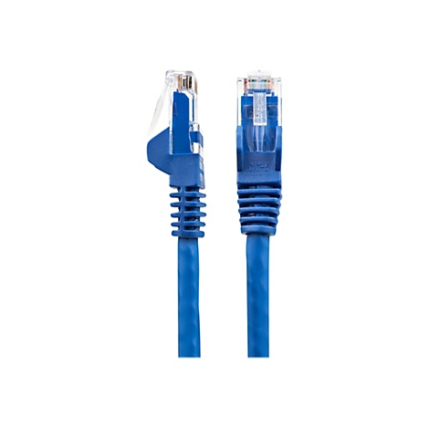 Zwei blaue Ethernet-Kabel auf weißem Hintergrund, mit transparenten Steckern. Auf einem Stecker steht "Startech.com CAT-6".