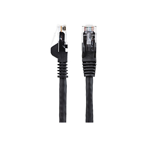 Zwei schwarze Netzwerkkabel mit RJ45-Steckern auf weißem Hintergrund. Stecker mit Beschriftung: CAT-6 und Startech.com.