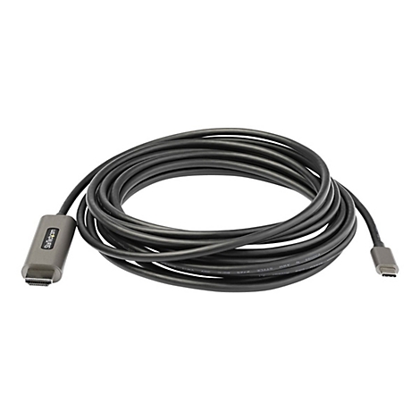 Schwarzes HDMI-Kabel mit USB-C-Anschluss, auf weißem Hintergrund gerollt.
