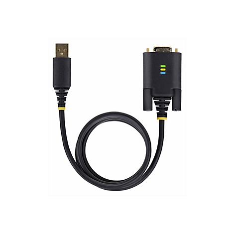 Schwarzes USB-zu-RS232-Adapterkabel vor weißem Hintergrund. Der USB-Anschluss ist links, der RS232-Anschluss rechts, verbunden durch ein Kabel.