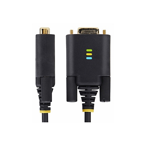 Schwarz-gelber USB-Adapter mit gelbem Anschluss und drei leuchtenden LEDs, Beschriftung Rx, Tx, USB.