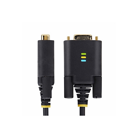 Ein schwarzes Kabel mit zwei Enden. Ein Ende hat einen USB-Anschluss, das andere einen Stiftanschluss. RX-, TX- und USB-Lichter sind sichtbar.