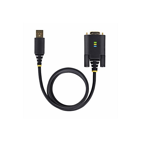 Ein schwarzes USB-auf-Seriell-Kabel, das auf einem weißen Hintergrund fotografiert wurde. Das Kabel hat einen USB-A-Stecker und einen seriellen DB9-Stecker, beide in Schwarz. Das Kabel ist in einer Schlaufe gelegt.